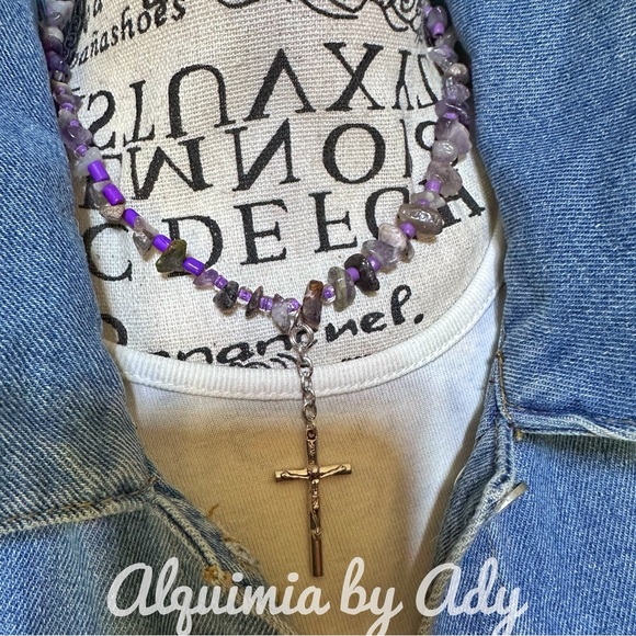 Amethyst puka Vintage cross charm short surfer necklace - Picture 2 of 7